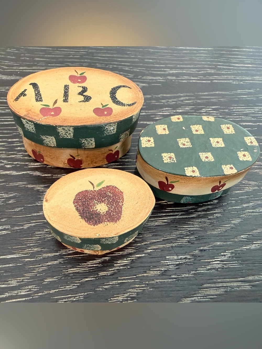 Vintage Mini Stacking Trinket Box Apples Hand Painted Nesting